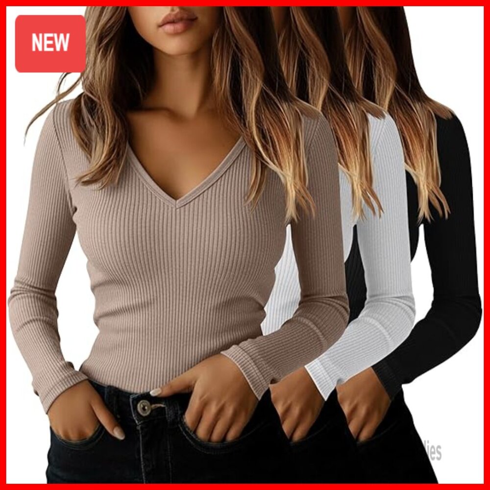 3 Pack Women's Long Sleeve V-Neck Tees Slim Fit Cotton Ribbed Knit Tops